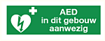AED-pictogram op sticker "AED in dit gebouw aanwezig"